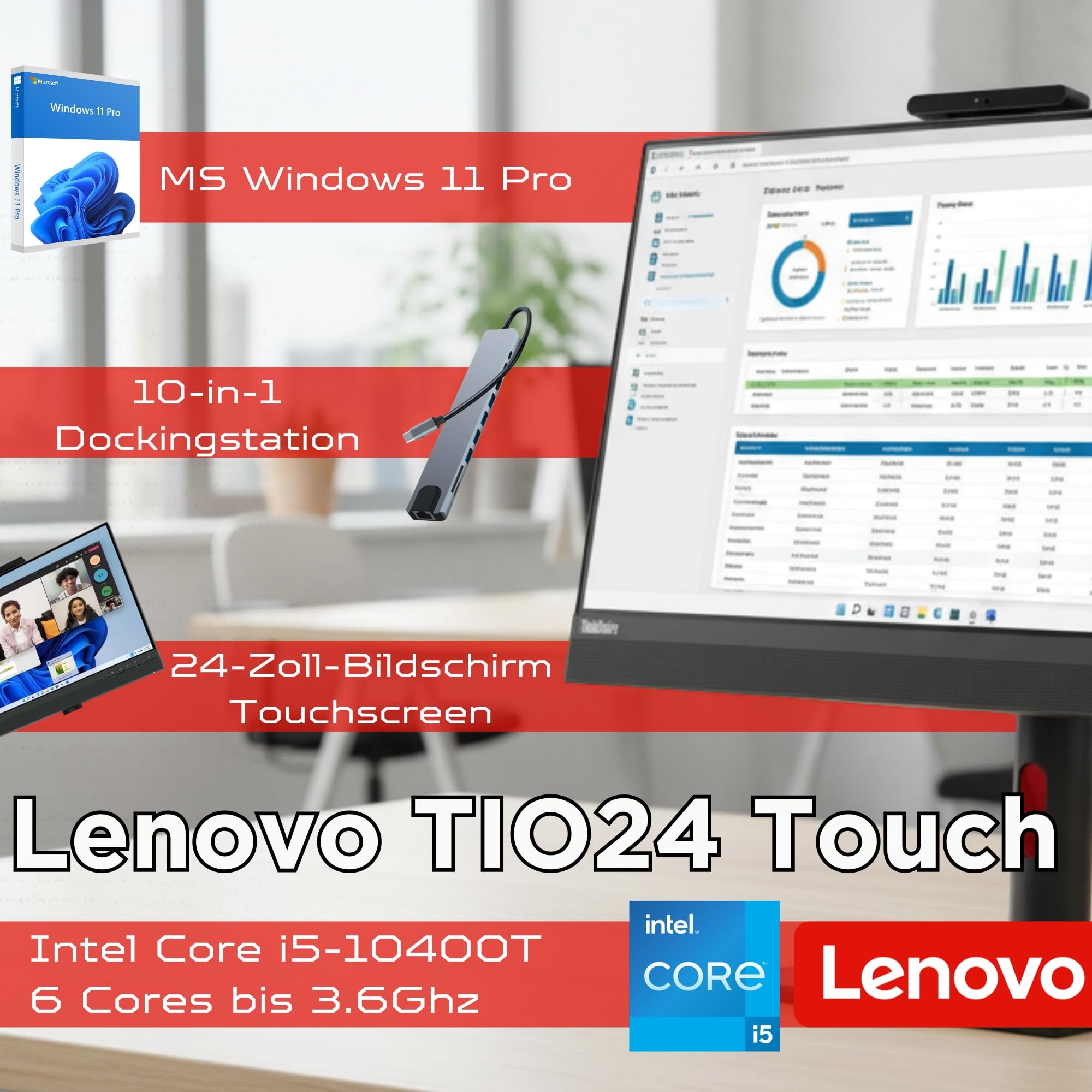 Lenovo All-in-One 24 Zoll Touchscreen i5 10500T bis zu 3,80 GHz – 16 GB RAM – 1000 GB SSD – Windows 11 Pro – Office und Business PC usb-c Garantie 36 Monate - 3