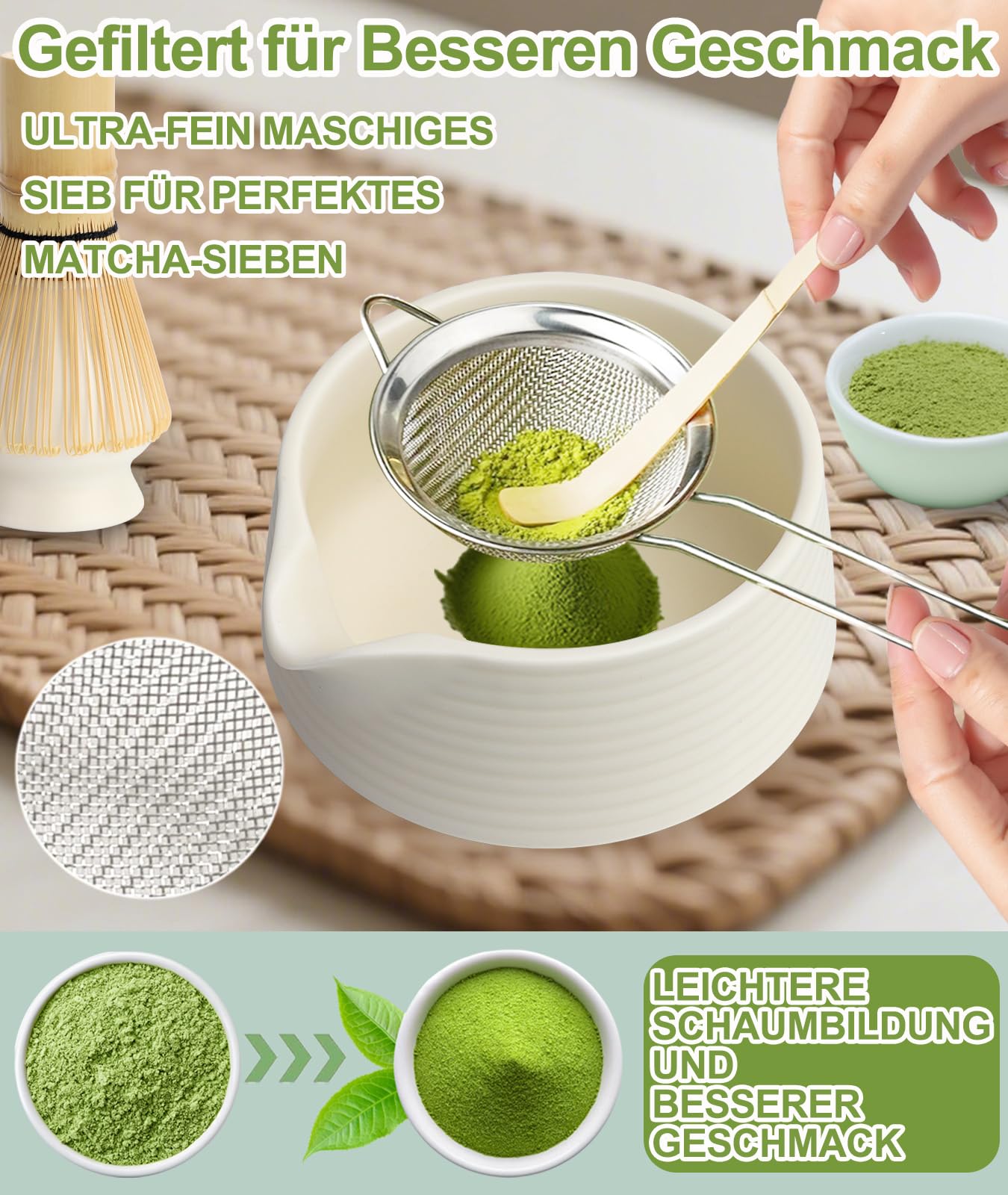 JBER Zestaw do matcha 7-Częściowy - Bambusowy mikser do matchy, ceramiczna miseczka z nalewką, sitko do matchy - Kompletny zestaw do herbaty matcha, Beżowy Biały