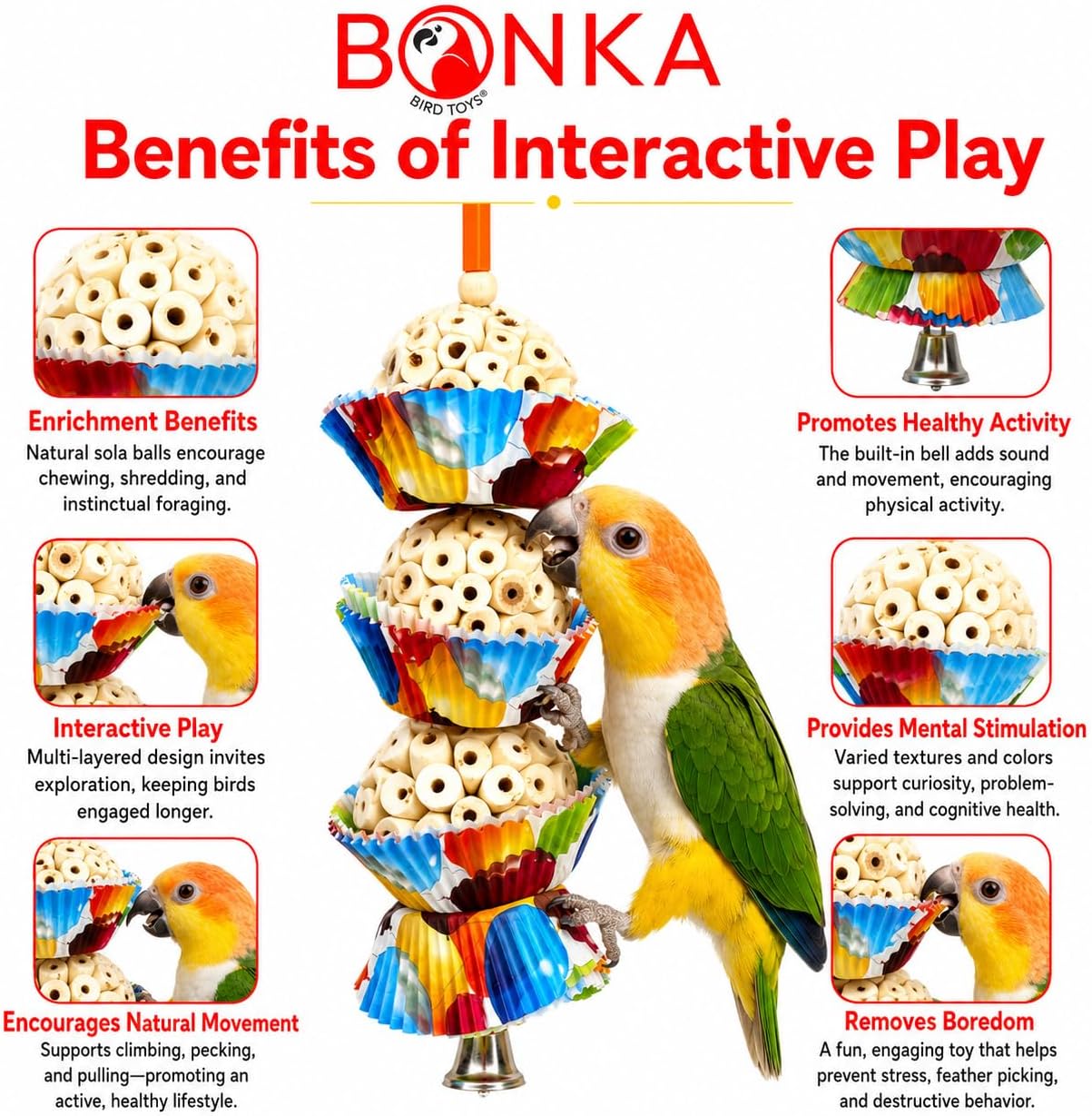 Bonka Bird Toys 1931 Three Cake, 11.75" Hanging Bird Toy with Sola Balls, Cupcake Cups, Wooden Beads, Bell, and Straw, Chewable and Shreddable. image 3