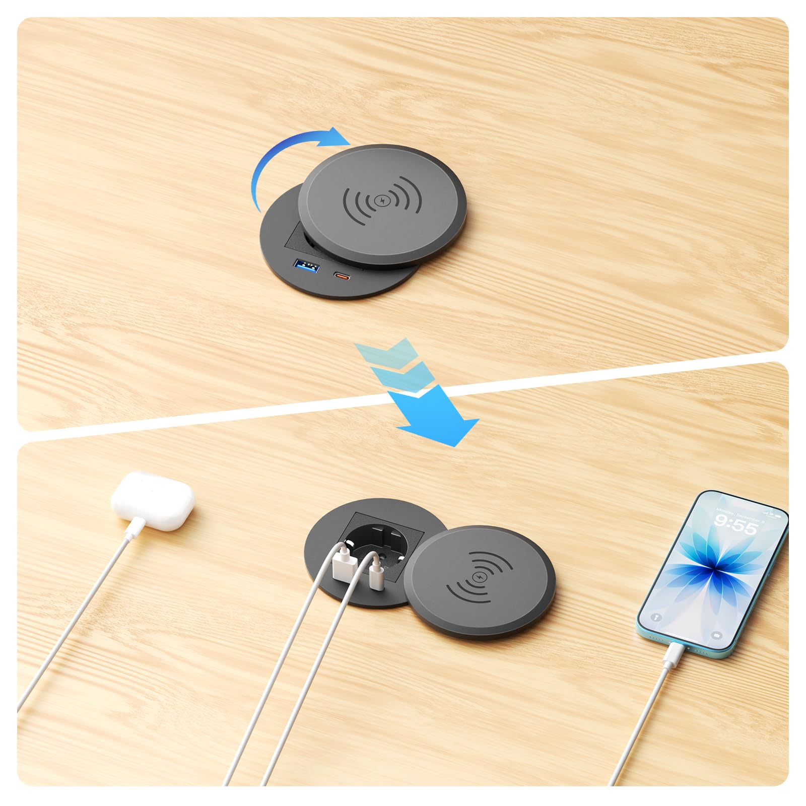 Einbausteckdose mit USB-C PD 30W und 15W Qi-Laden, Ø80 mm