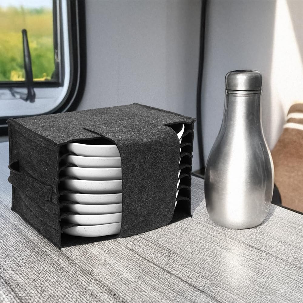 Lot de 2 porte-assiettes en verre pour caravane, camping-car, cuisine, camping, avec 8 compartiments pour assiettes et 6 porte-gobelets, sac de rangement de vaisselle en feutre avec poignées pour