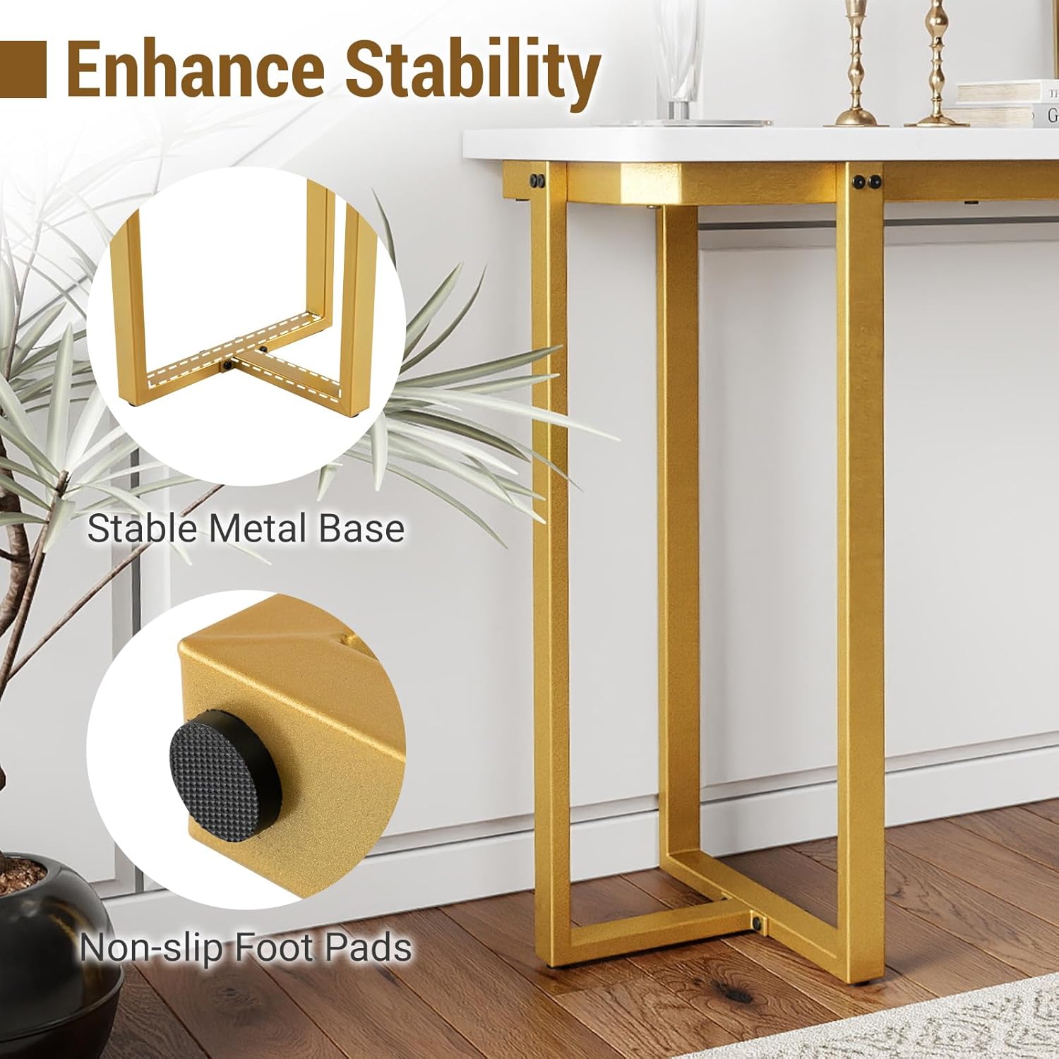 GOFLAME 42” Gold Console Table, Modern Behind Couch Sofa Table with Faux Marble Top & Golden Coated Metal Frame, Narrow Entryway Tables with Storage for Living Room, Hallway, Entry (White)