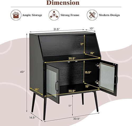 Miniatura 3 de COSTWAY Armario tipo buffet, aparador de cocina con compartimento abierto, puertas de vidrio templado y kit antivuelcos, moderno armario de