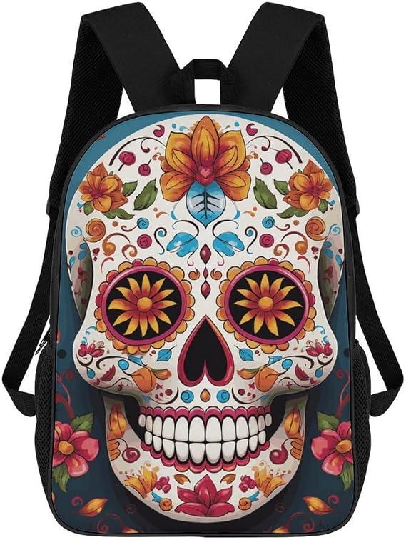Colorful Sugar Skull Large Laptop Backpack, 17 Inch Travel Bookbag
