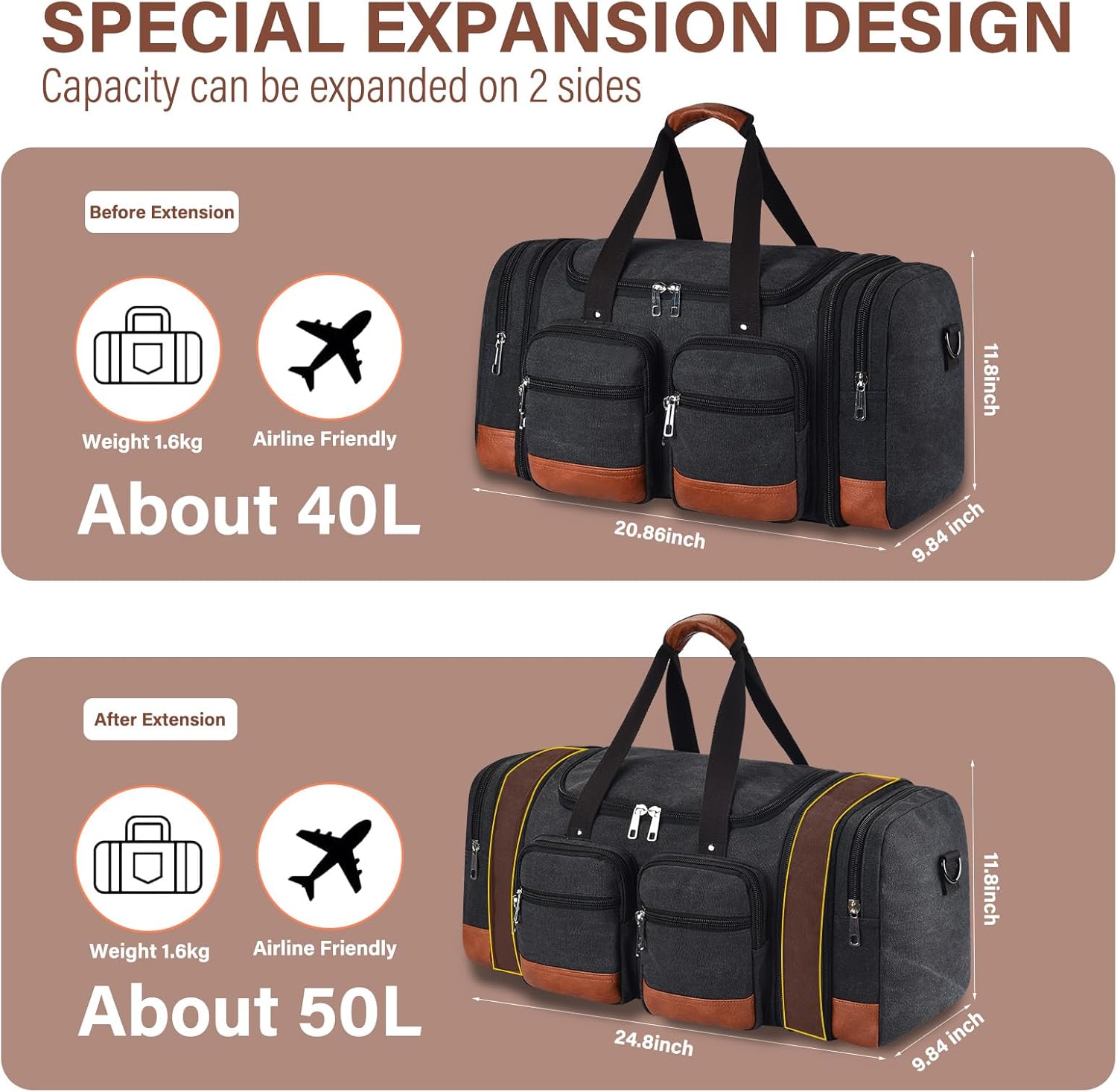Canvas Duffle Bag For Travel, 50L Expandable Carry on Overnight Travel Duffel Bags with Laptop Compartments Weekend Gym Bag for Men(Black)