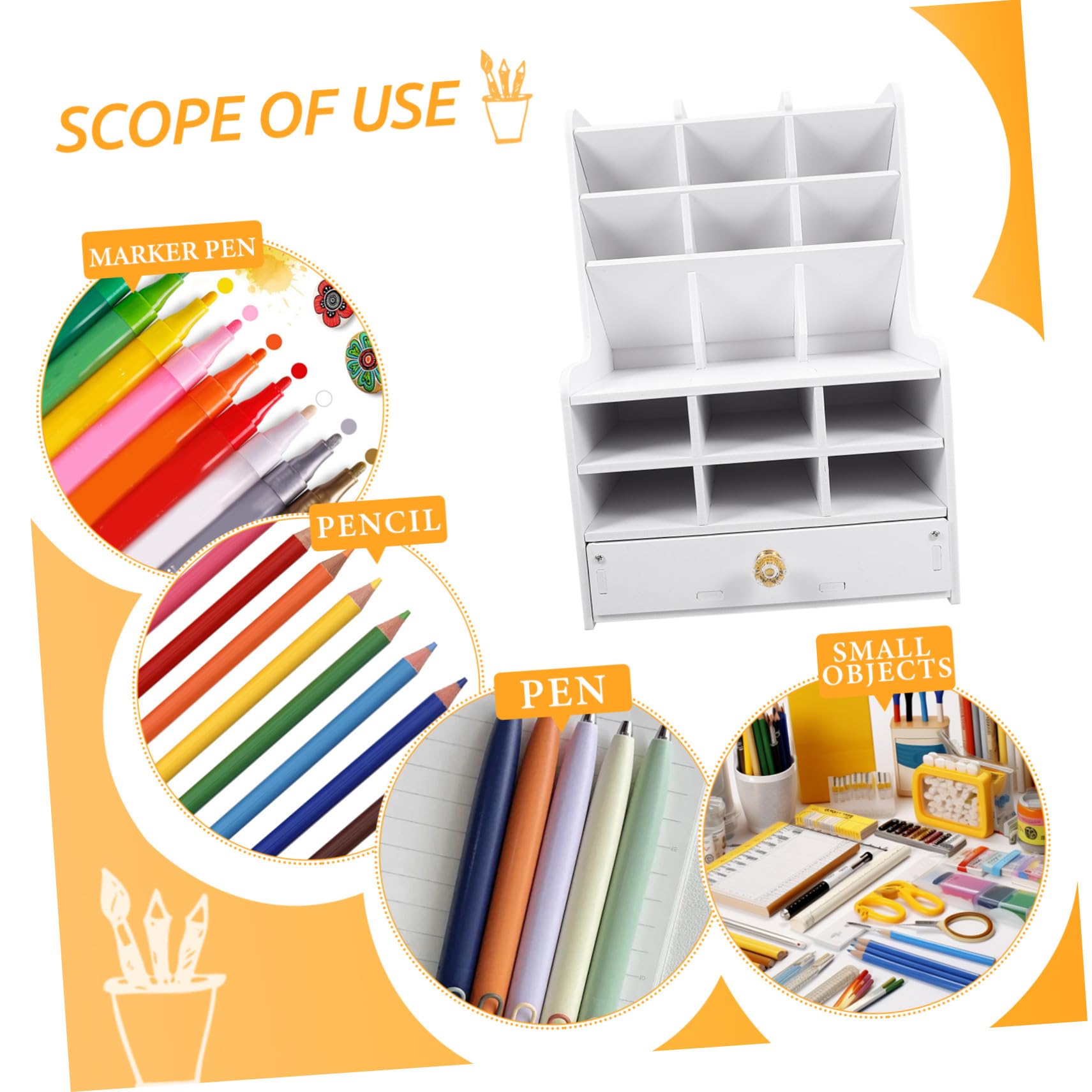 Mikikit Organizador de Bolígrafos Multifuncional Cajones de Gran Capacidad para Estudio y Oficina, Caja de Almacenamiento de Escritorio en Pvc y Madera de Color Claro