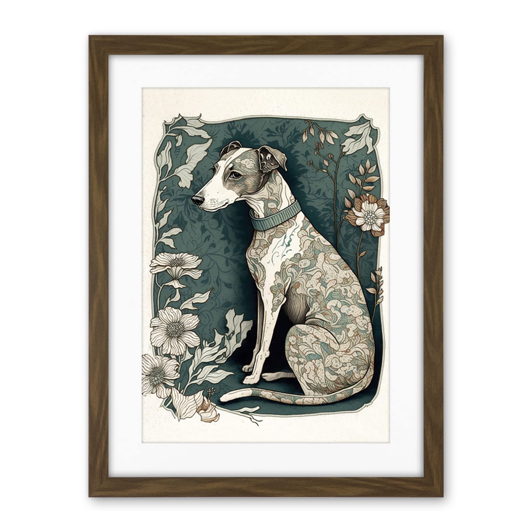 Artery8 Whippet Dog with Floral Pattern Fur Coat Art Nouveau Inspired Watercolour Illustration Artwork Framed Wall Art Print 18X24 Inch