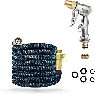 Meiyijia Tubo Estensibile da Giardino,100% Metallo Pistola Spray ad Alta Pressione, con ugello in Ottone, Connettori in Rame Puro con da ½ e ¾, Fatto in 3 Strati di Lattice(50FT/15M)