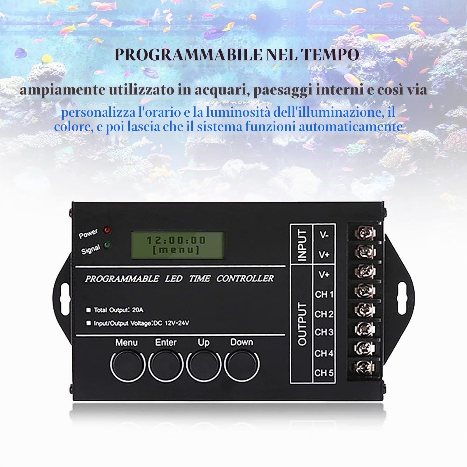 MAGT Timer Programmabile Digital Led Regolatore Per Led, 1 Imposta DC12/24V 20A Timer Digitale Programmabile 5 Canali Regolatore di Tempo a LED Programmabile Regolabile a Colori con Cavo CD USB