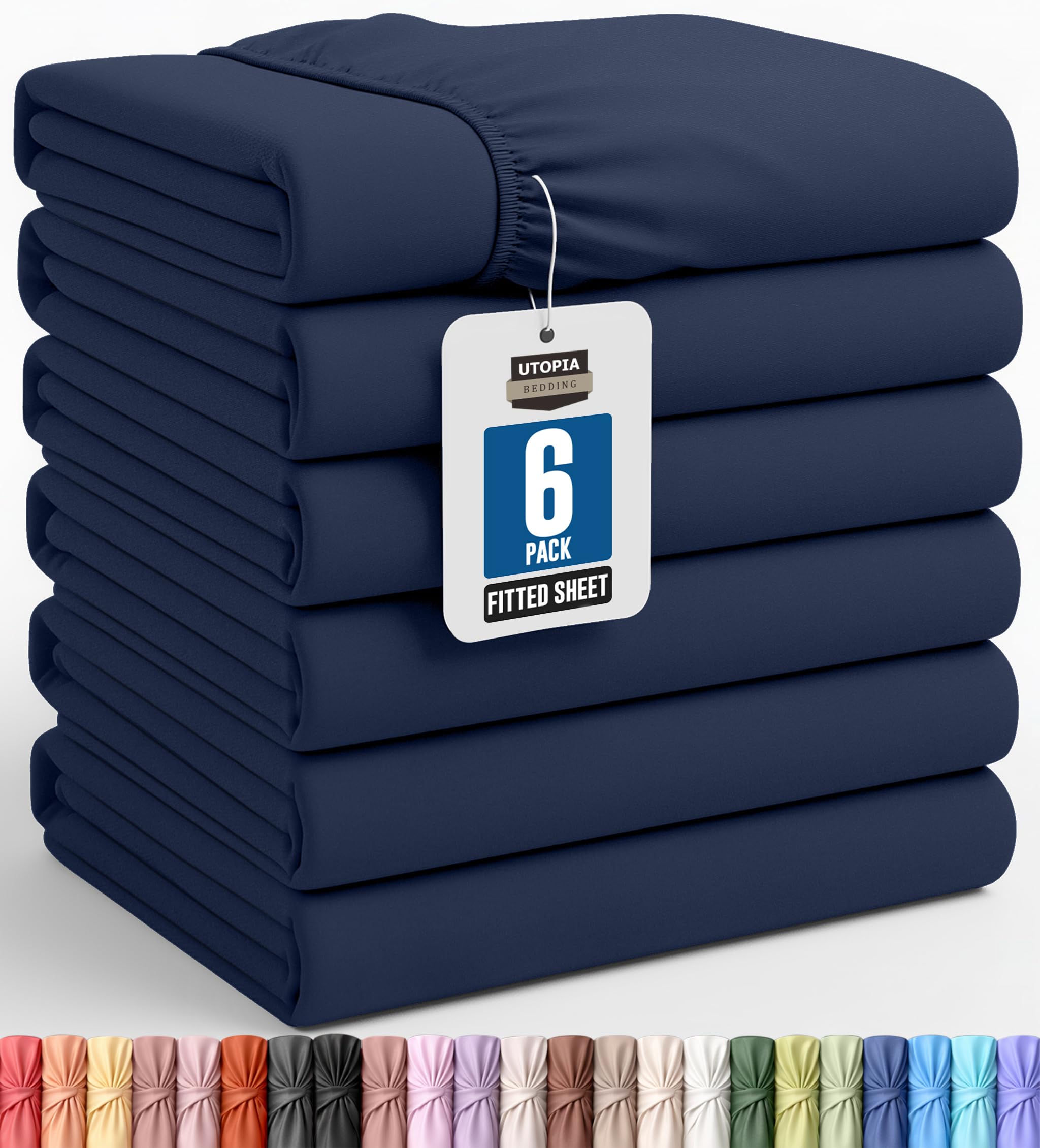 Utopia Bedding Prześcieradło z gumką Queensize, 6 sztuk, miękko szczotkowana mikrofibra, głębokie kieszenie, kurczące się i odporne na światło, łatwe w utrzymaniu (granatowe)