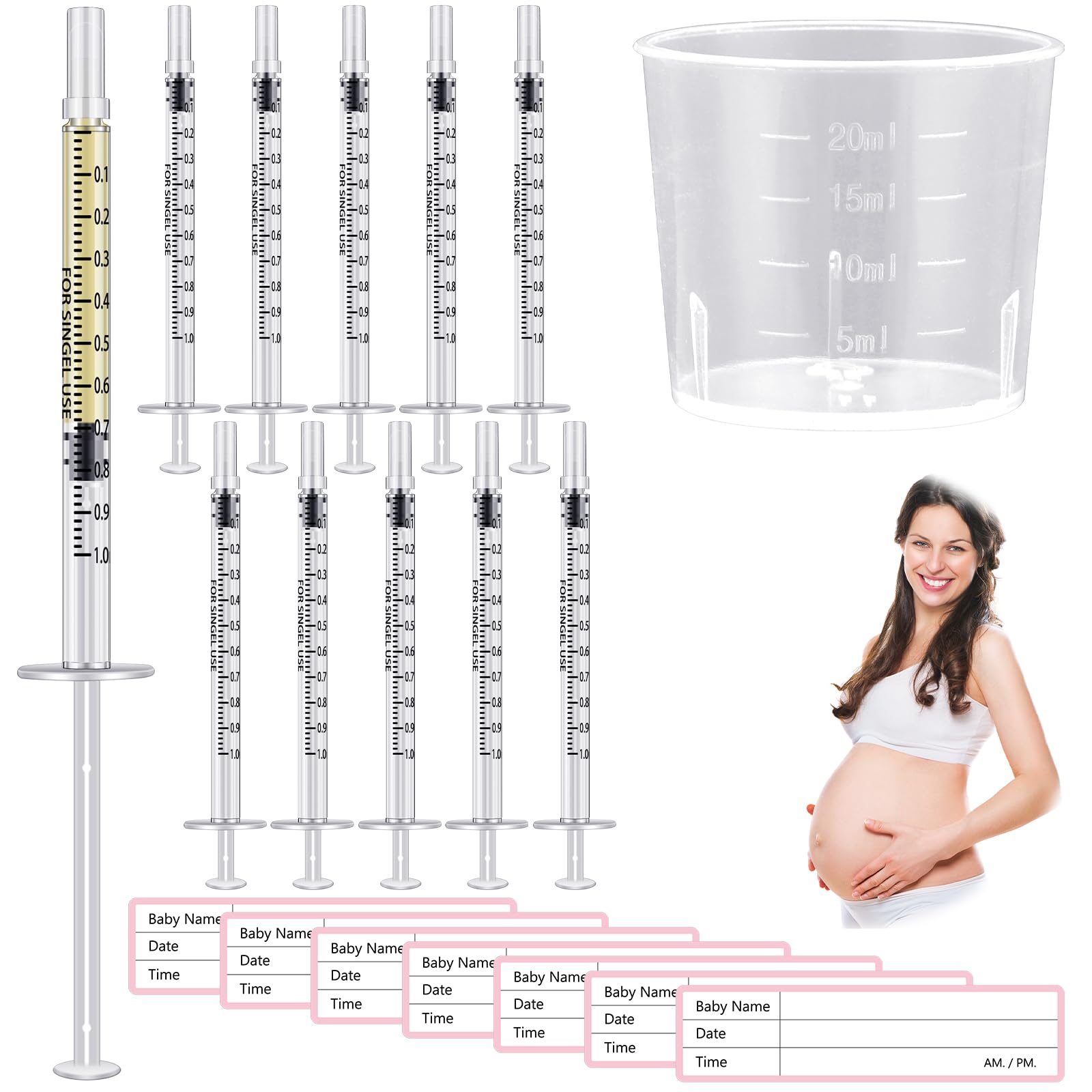 Trelaco Colostrum Collector Kit Include Sterile Sealed Breast Milk Syringes with Caps No Needle Colostrum Syringes Stickers 1 Measuring Cup Harvesting Collection for Breastmilk(50 Sets,1 ml)