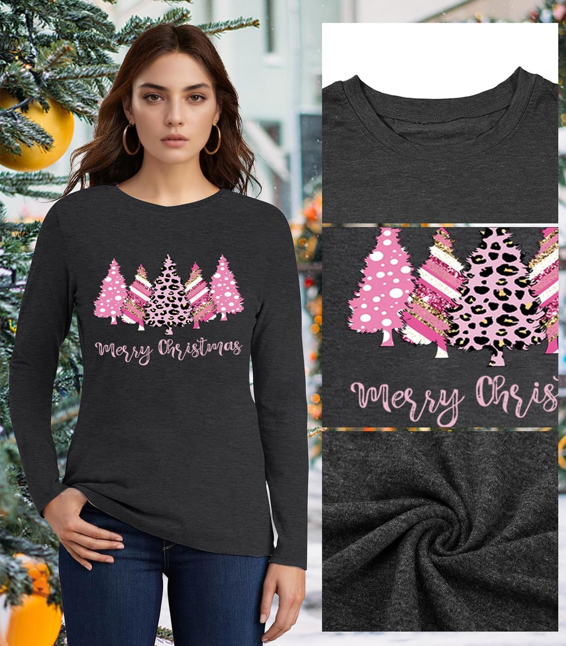 Long Sleeve Christmas Shirts for Women: Merry Christmas Tshirts Women Xmas Tree Snowman Coffee Graphic Tee Tops - Image 6