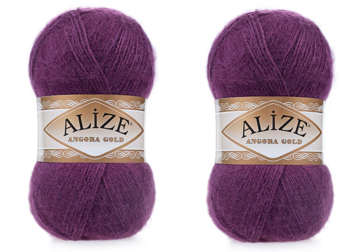 Alize 20% Wool 80% Acrylic Soft Yarn Angora Gold Thread Crochet Lot of 2skn 200gr 1204yds Lace Hand Knitting Turkish Yarn (111 Plum)