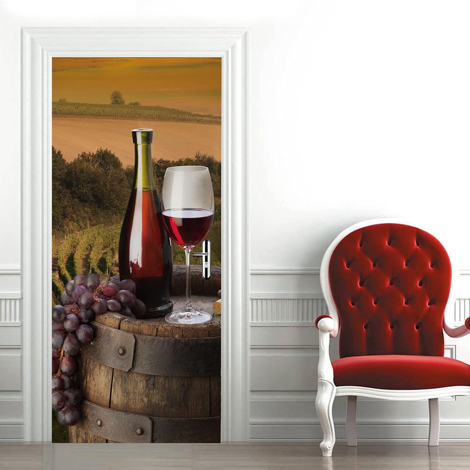 A.Monamour 3D Door Stickers for Interior Doors Red Wine Grapes on Old Barrel on Vineyard Vinyl Waterproof Self Adhesive Door Mural Decals for Bedroom Office Bathroom 77 x 200 cm