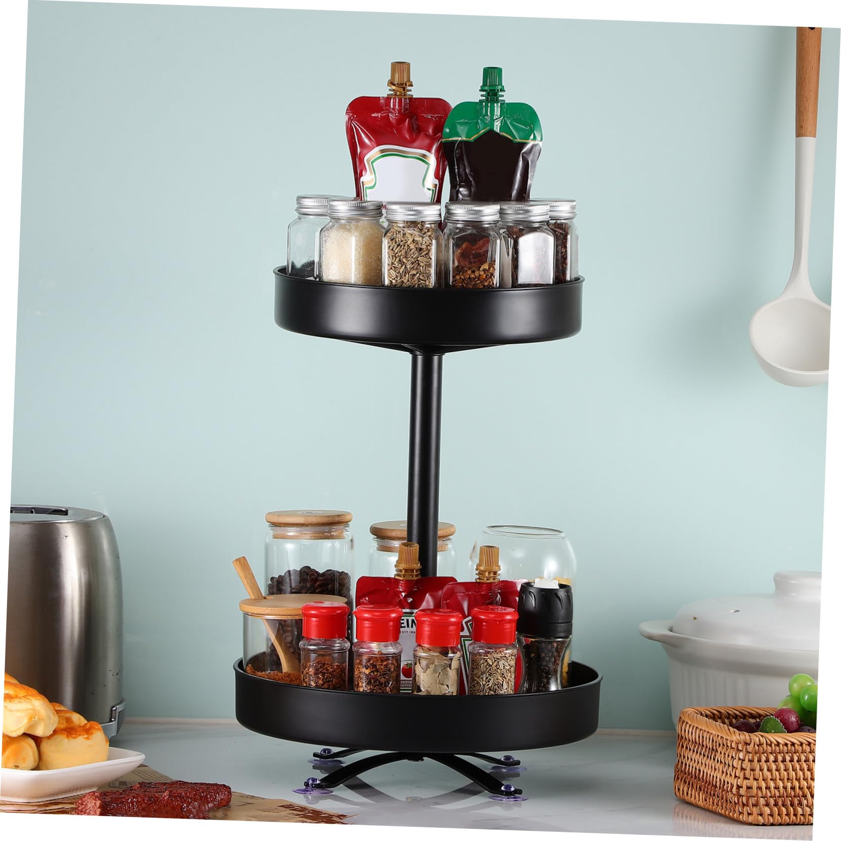 BESTYASH Organizador Giratorio de Condimentos Plato Giratorio, Estante para Almacenar Salsas en Cocina, Plástico y Acero Inoxidable, Diseño Simple y Resistente