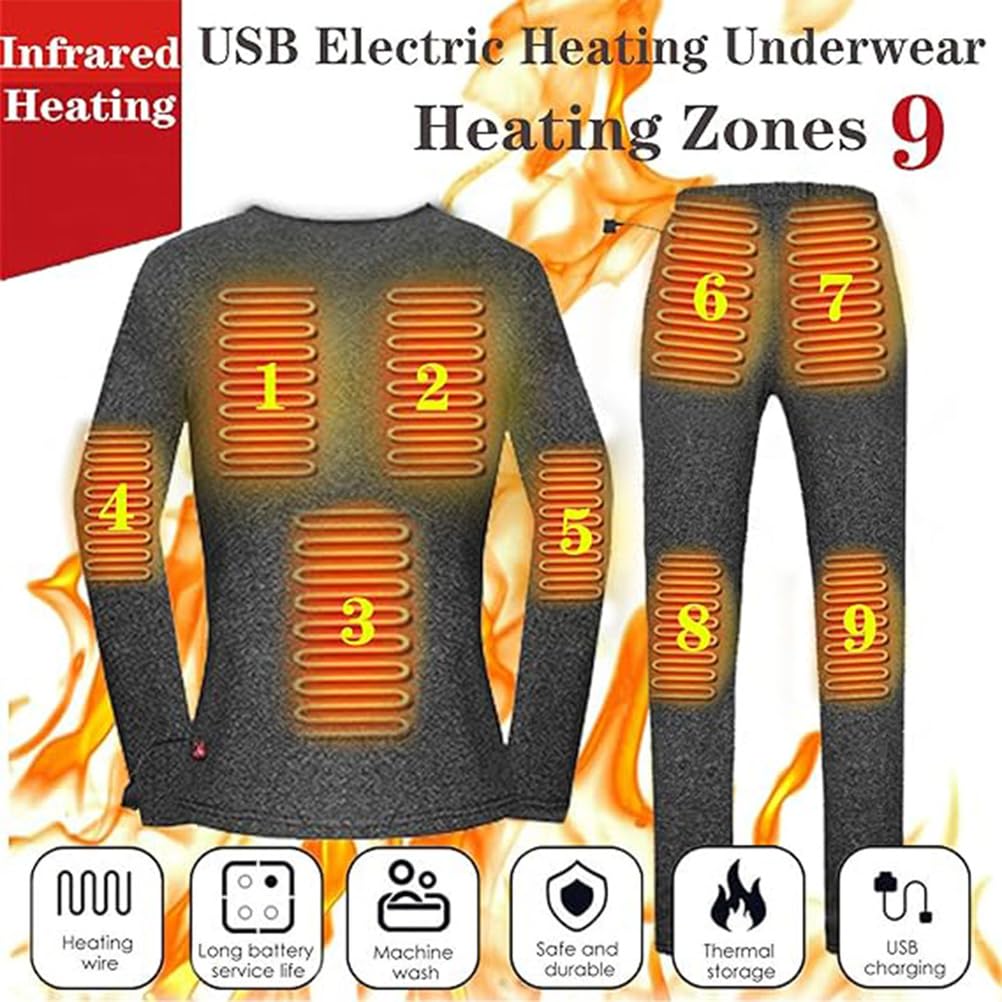 Ropa Interior Térmica para Hombre con 9 Zonas Térmicas, Camiseta y Pantalón Térmicos con Calefacción Eléctrica USB, Capa Base Térmica Lavable para Invierno,M