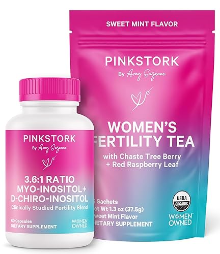 Pink Stork Paquete de apoyo de fertilidad para mujeres  Té orgánico de fertilidad y mio-inositol y D-Chiro inositol 3.61  Salud reproductiva, ciclo