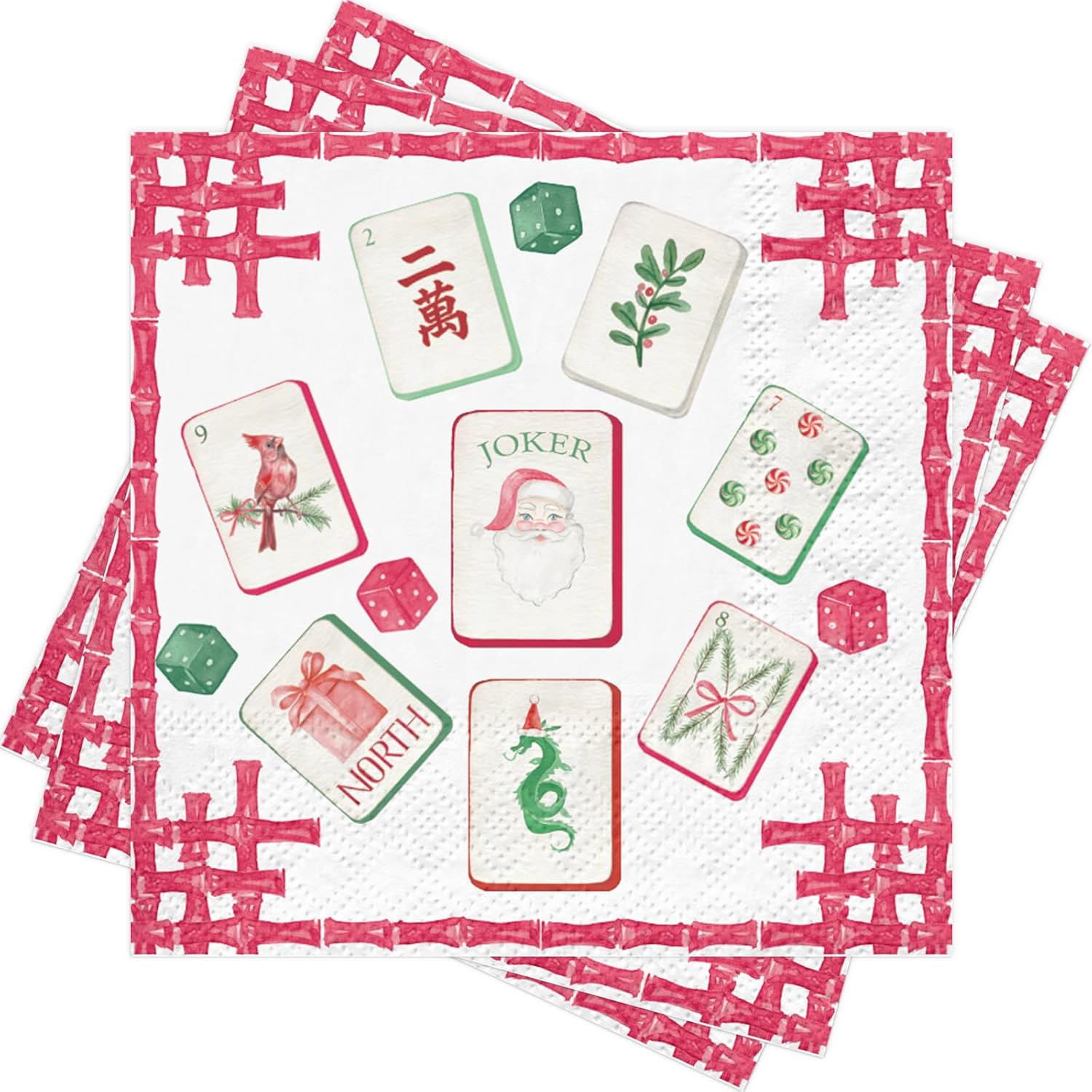 RUSPEPA 25 Pcs Christmas Mahjong Paper Napkins, Watercolor Mahjong Tiles and Dice Design Disposable Cocktail Napkins for Game Night, Holiday Dinner, Xmas Party Table Decor, 5 x 5 Inch