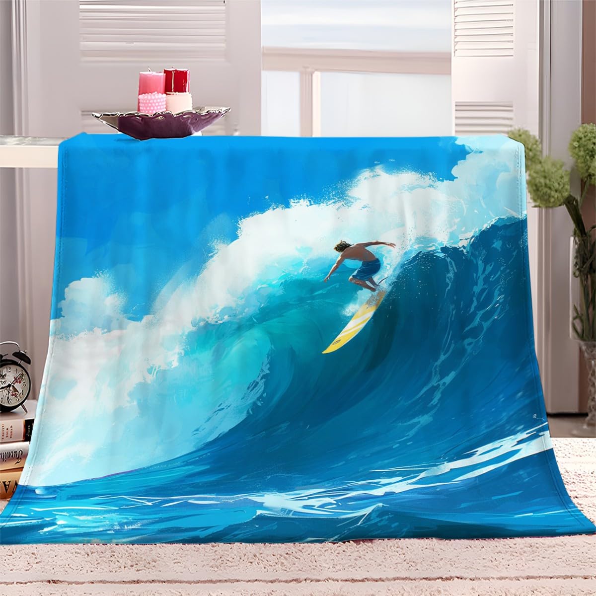 Fleece Blanket 100x130 cm Surfing Throw Blanket for Kids Adult, Fluffy Soft Warm Sherpa Fleece Blankets for Bed Sofa Armchair, Fit All Season