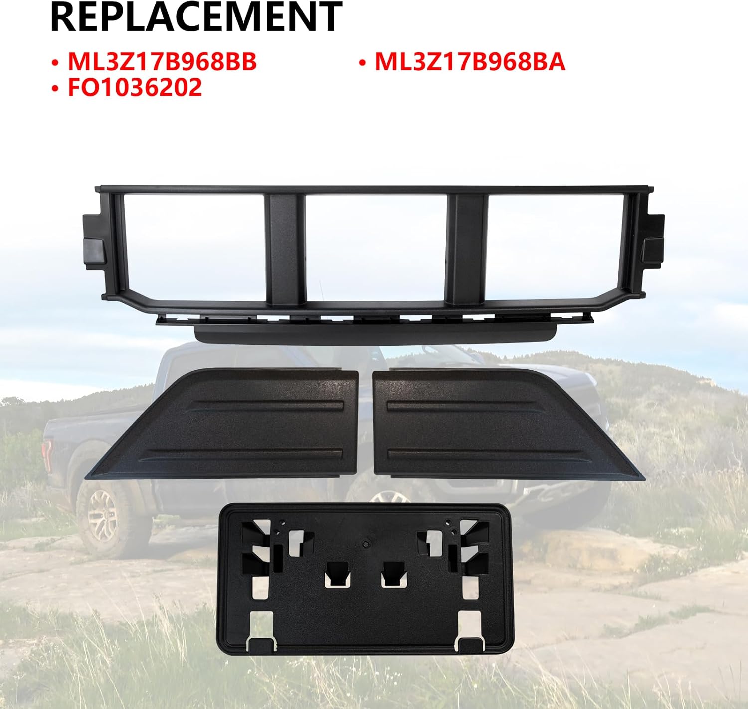 Front Bumper Grille, Guards Pads & License Plate Frame Bracket Kit Compatible with Ford F-150 2021-2023 Lower Center Cover Spacer Panel, ML3Z17B968BB ML3Z17B968BA