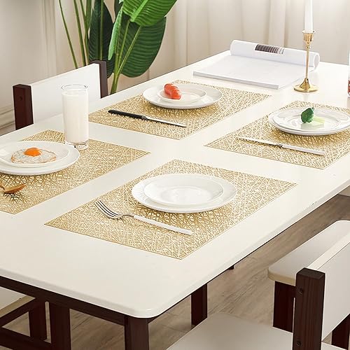 Miniatura 8 de Juego de 6 manteles individuales rectangulares dorados, lavables, resistentes al calor, vinilo metálico duradero, antideslizante, impermeable, para