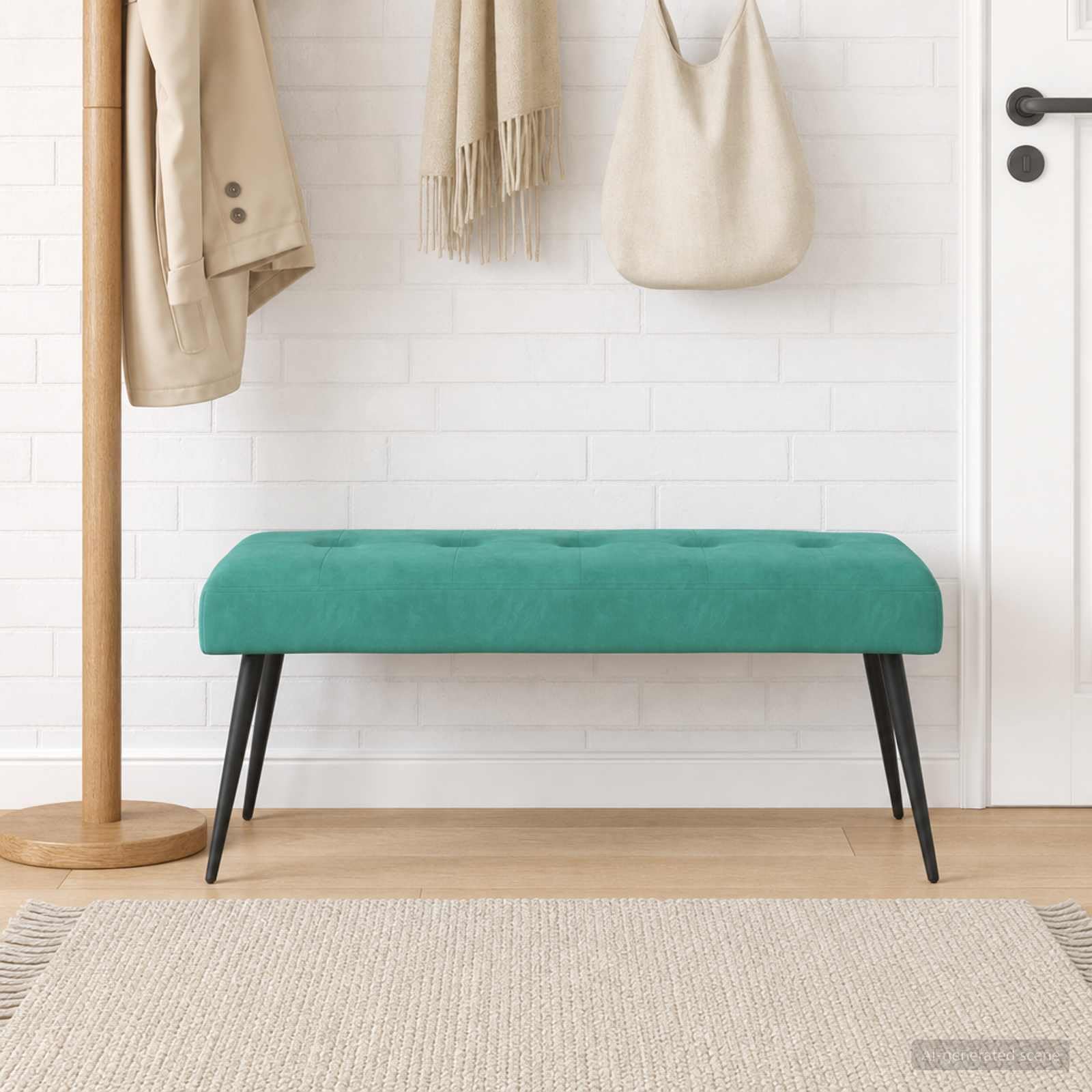Sitzbank Samt Türkis - Elegante Polsterbank mit Knopfheftung, 110 x 40 x 46 cm - Moderne Bettbank und Flurbank mit Metallbeinen für Schlafzimmer und Wohnzimmer