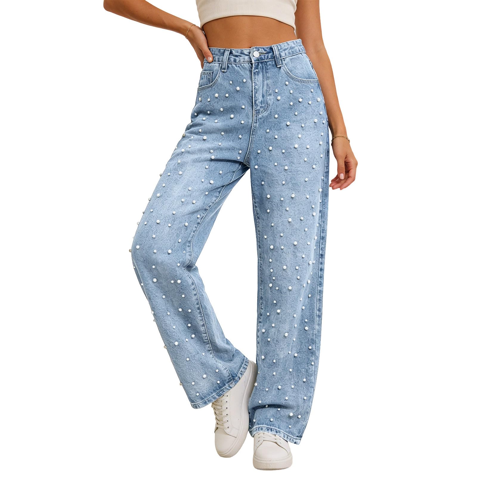 Jeans taille haute perles avec jambe large fluide - 7