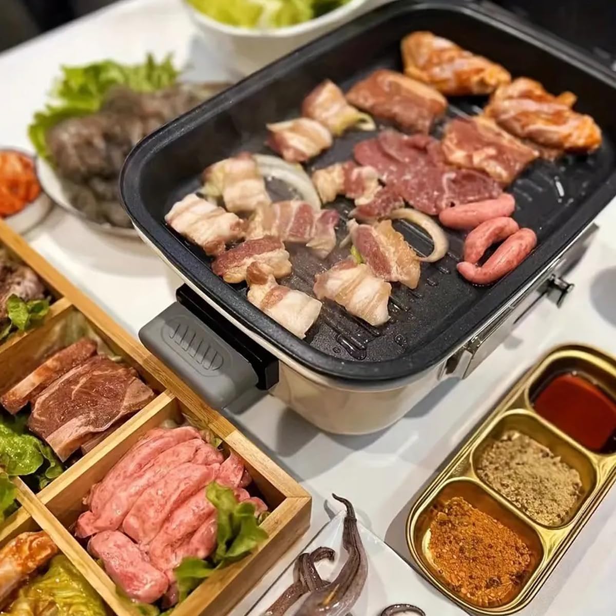 Reusable Mini Metal Sauce Dish, 3 Grid Square Seasoning Plates for BBQ, Stainless Steel Gold Dip Dish for Home Kitchen Restaurant