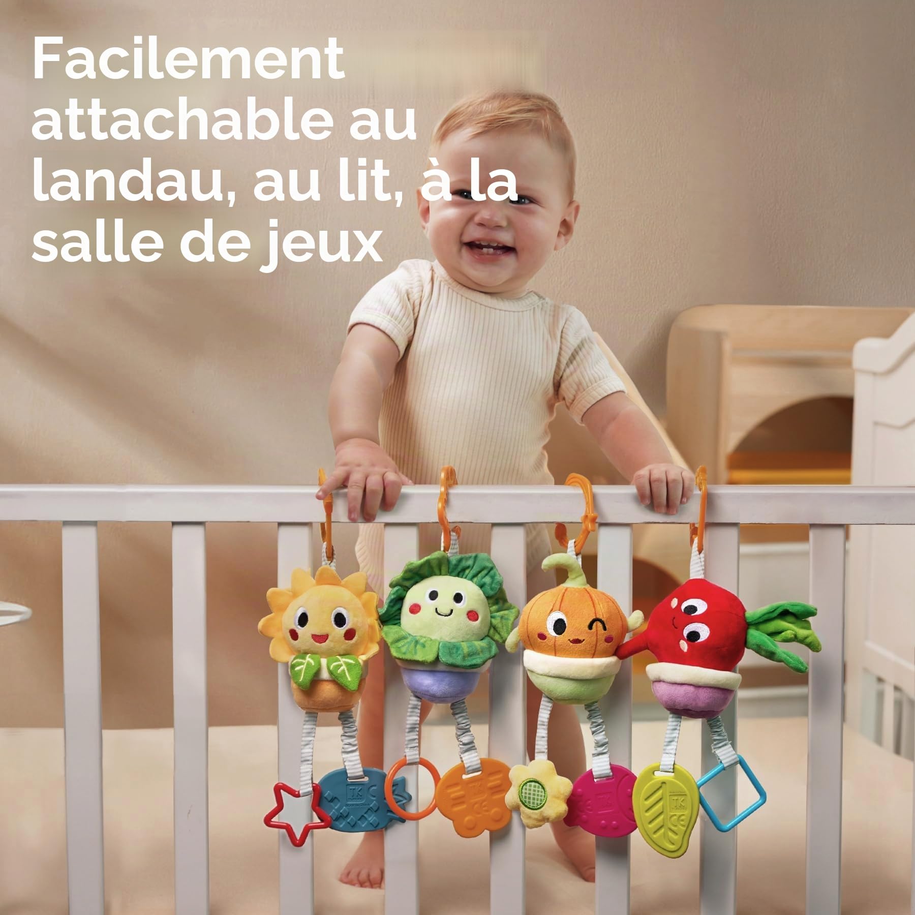 TUMAMA Jouet Poussette Bebe 0 3 6 9 12 Mois, Jouet Eveil Bébé, Suspendu Legumes Jouets en Peluche, Sensoriel Légumes Jouets pour Bébés Siège Voiture, Cadeau pour Nouveau-né pour 6 9 12+ Mois