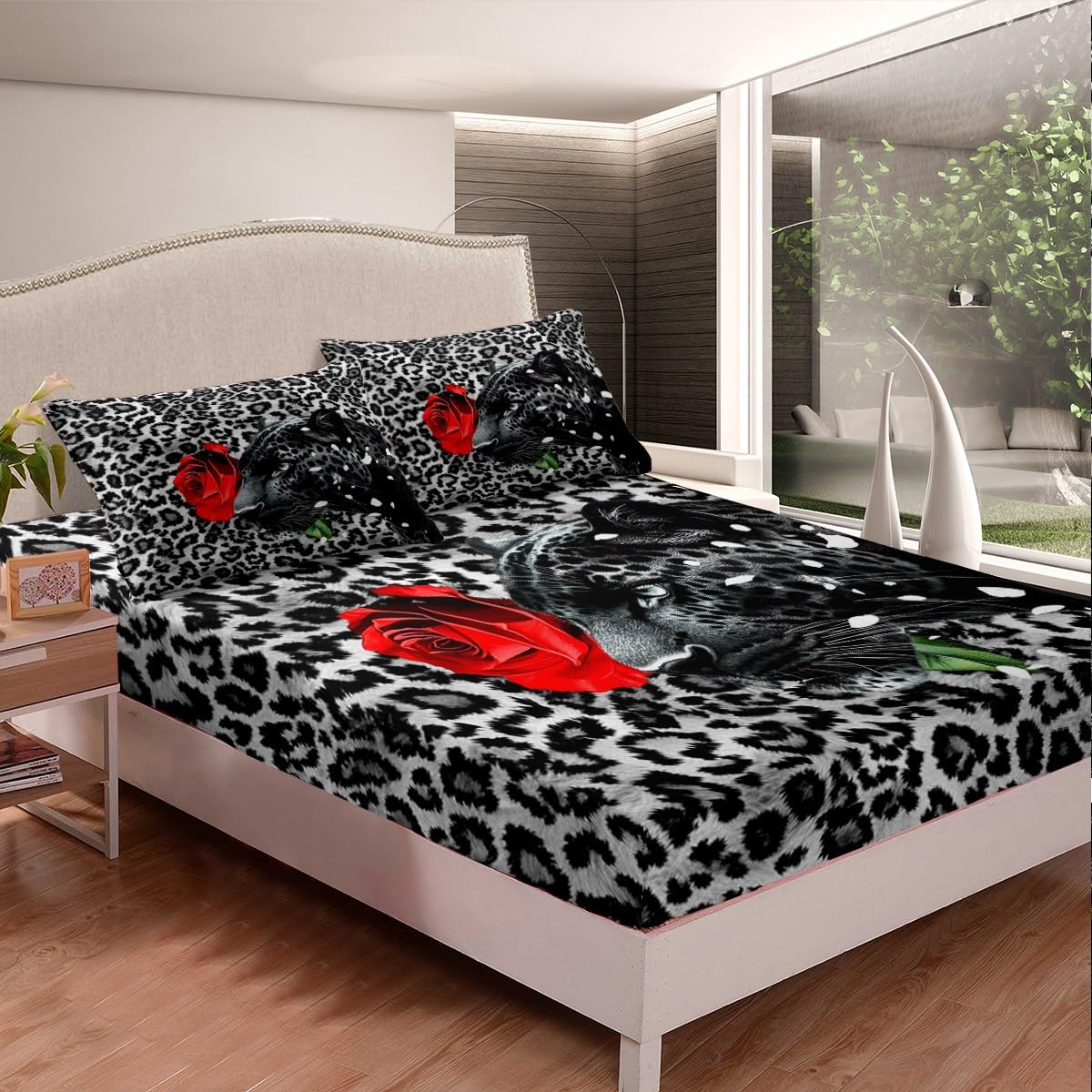 Leopard Print Fitted Sheet Twin Size 3D Africa Cheetah Bedding Set 2Pcs(No Flat Sheet) Red Rose Flower Bed Sheet for Boys Girls Teens Room Decor Luxury Animal Fur Pattern Deep Pocket Sheet
