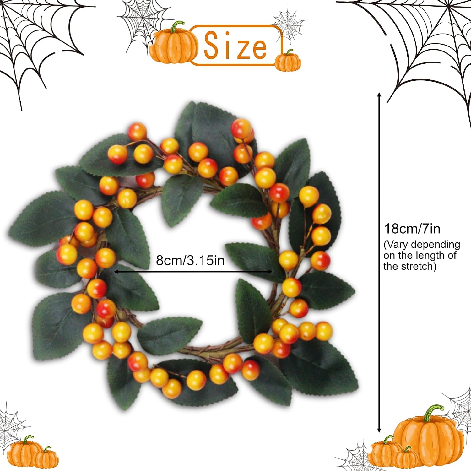 Orange Berry Fall Candle Rings Wreaths Set of 2, Small Christmas Wreath 7 Inch Wide with 3 Inch Center Thanksgiving Table Decor Halloween Candle Holders for Table Centerpieces(2PCS)