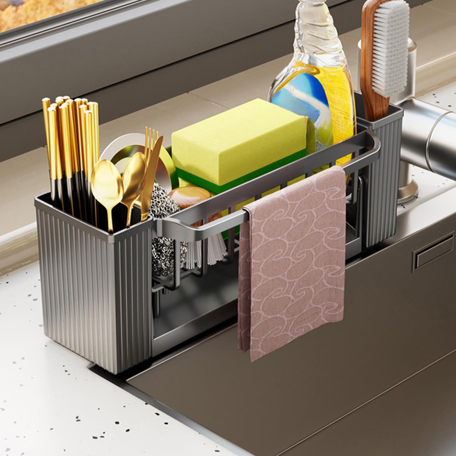 Kitchen Sink Caddy Organiser,Self Draining with Removable Sponge Holder with Brush Holder,Detachable Towel for Countertop Storage & Organisation (Gray)