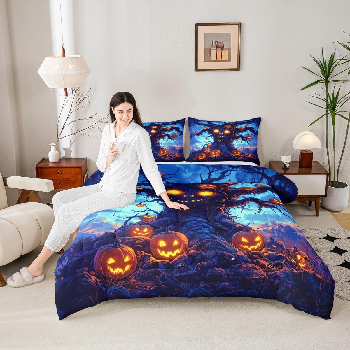 Homewish Gotycka dynia pojedynczy zestaw pościeli – zestaw pościeli na Halloween, pomarańczowe dynie, lampiony, zestaw kołdry, dla dzieci, chłopców, dziewcząt, dorosłych, upiorne gotyckie dekoracje