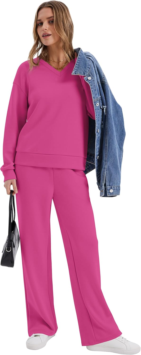 WIHOLL Lounge Sets for Women 2026 V Neck 2 Piece Outfits Airport Wide Leg Pants Matching Set Sweatsuits - Image 3