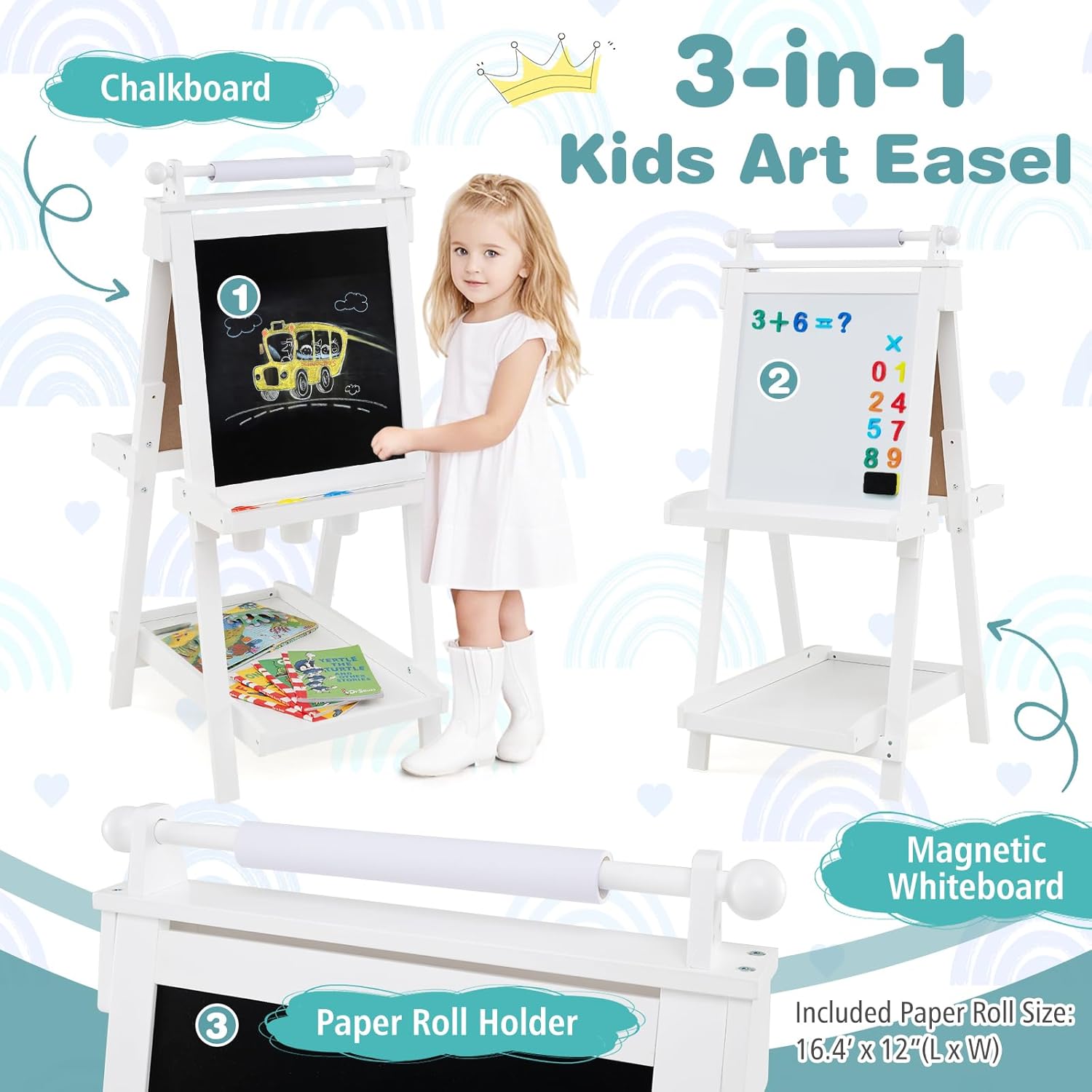 Costzon Easel for Kids, 3 in 1 Foldable Art Easel with Magnetic White Board, Chalkboard, Paper Roll, 3 Paint Cups, 3 Storage Trays & 3 Adjustable Heights, Drawing Stand for 3+ Toddlers (White)
