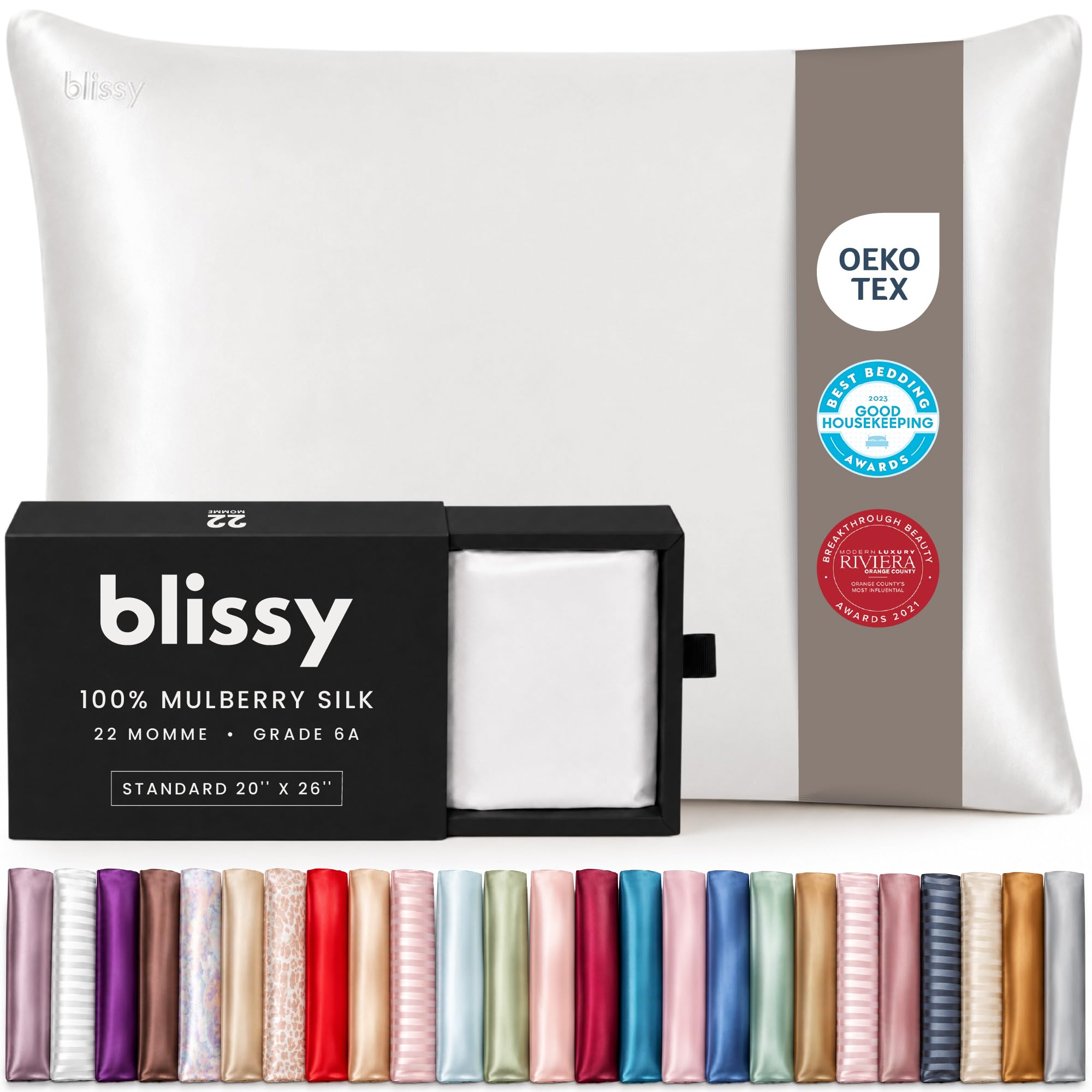 Blissy Seidenkissenbezug – 100% Reine Maulbeerseide – 22 Momme 6A hochwertige Fasern – Satin-Kissenbezug für Haar und Haut – Regular, Queen & King mit verstecktem Reißverschluss