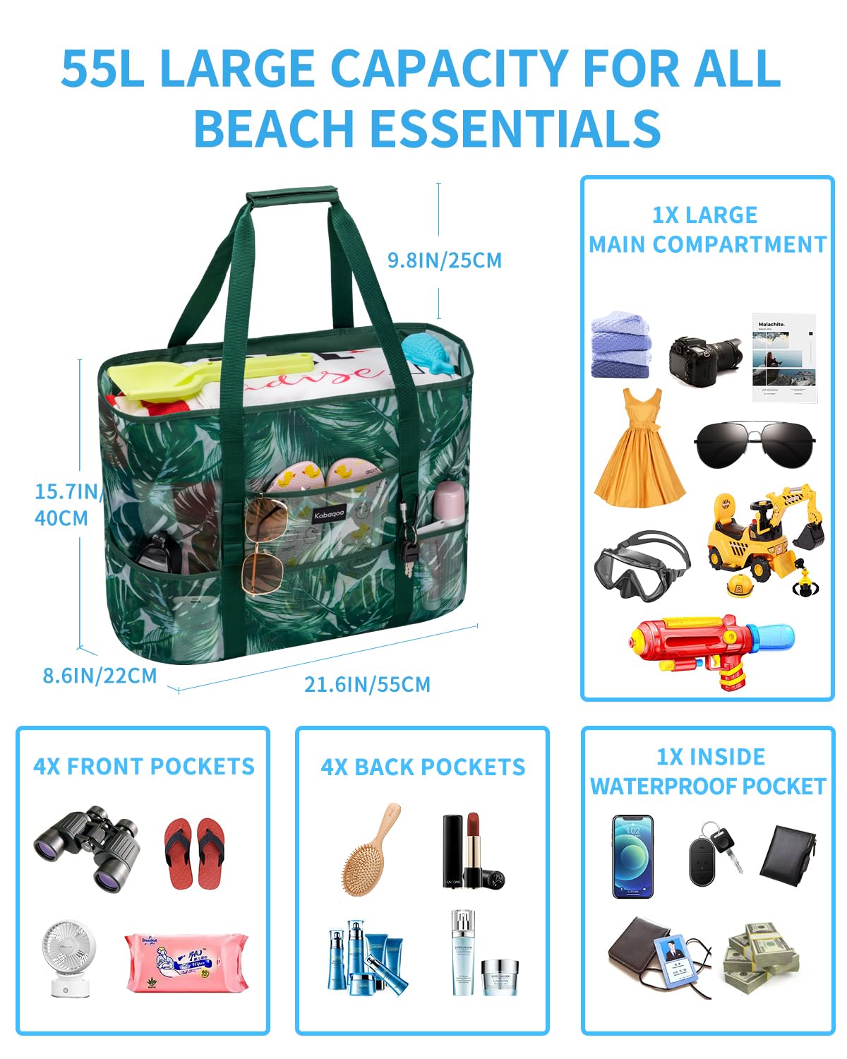 KABAQOO Sac de Plage XXL avec Fermeture Éclair Sac Piscine Filet Femme Famille Sac Cabas avec Multipoches pour Voyage Shopping