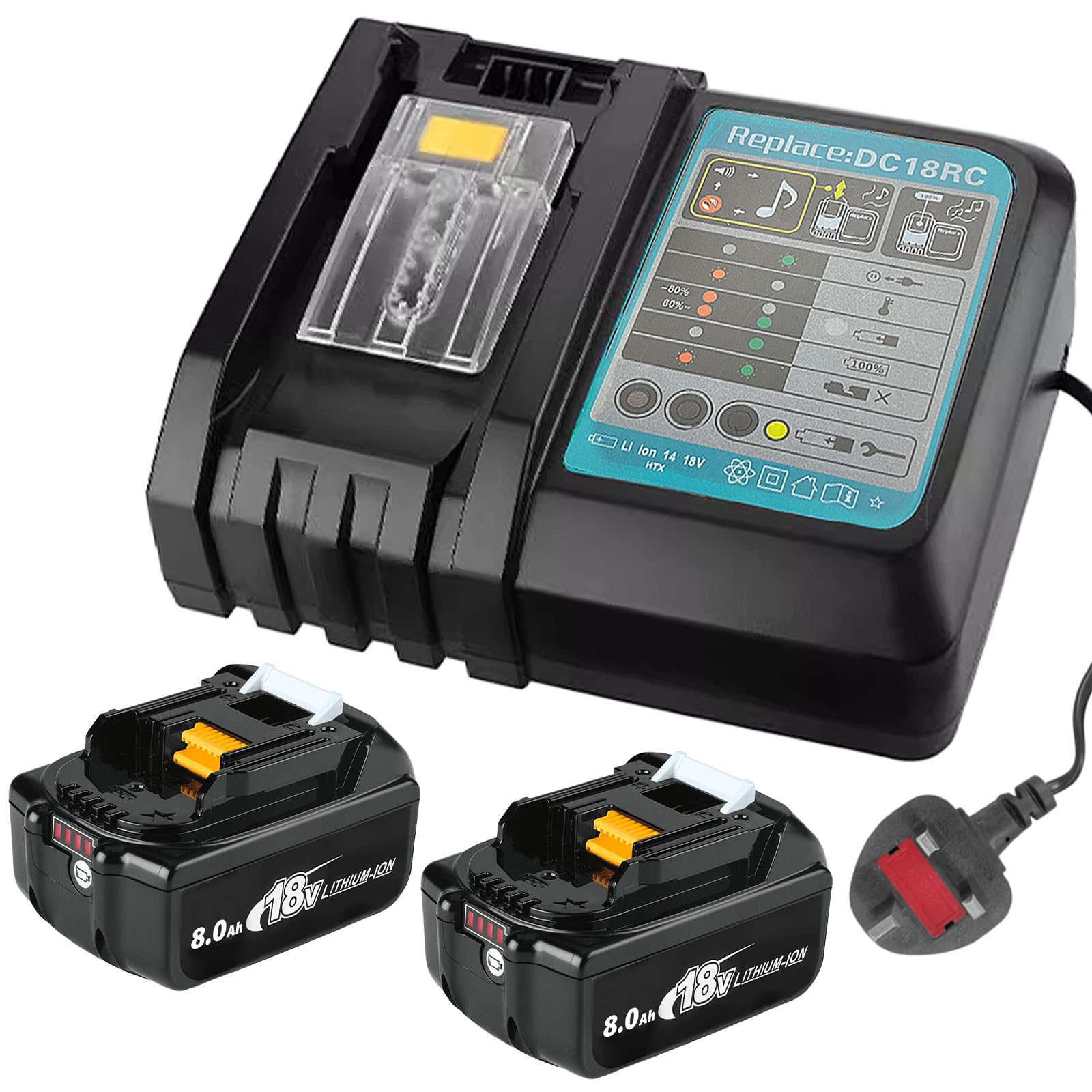 Chargeur Rapide 18V pour Batteries Lithium-ION, Indicateur LED 4 Étages, Système de Refroidissement Intégré & Protection Contre Surchauffe – pour Batteries 8.0Ah/5.0Ah/3.0Ah