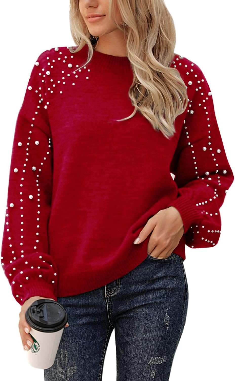 Blooming JellyWomen's Chunky Sweater Crewneck Sweatshirt Knit Lantern Sleeve Oversized Pullover Sweater with Pearls