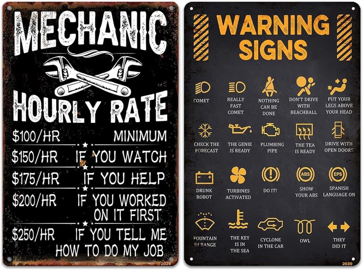 2 Pack 8"x12" Vintage Funny Workshop Signs Vinyl Laminated Decals "Mechanic Hourly Rates" & "Warning Sign" Unique Gift Handymen Mechanics Shop ManCave Dad's Shop Garage Basement Humor