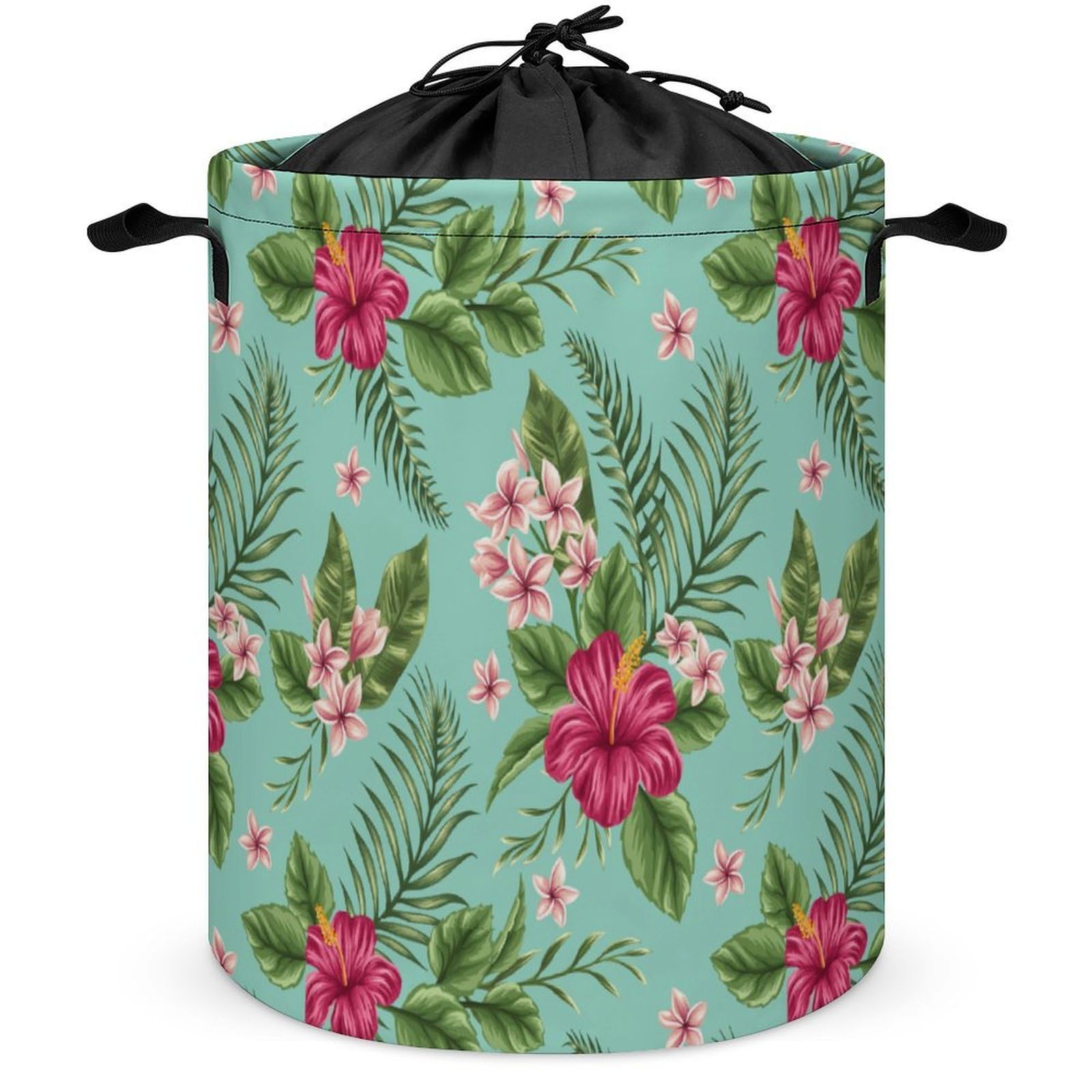 Wlntrophic Drawstring Laundry Hamper, Hawaiian Tropical Leaves Flowers Laundry Basket, Washing Basket with Handle