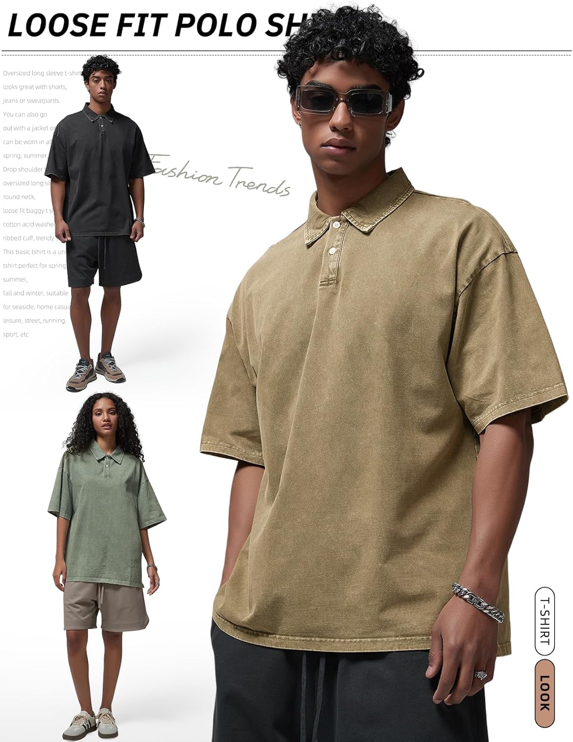 Arssm Mens Polo Shirts Short Sleeve Cotton Acid Washed Overzied T Shirts Baggy Vintage Collared Polo Shirts