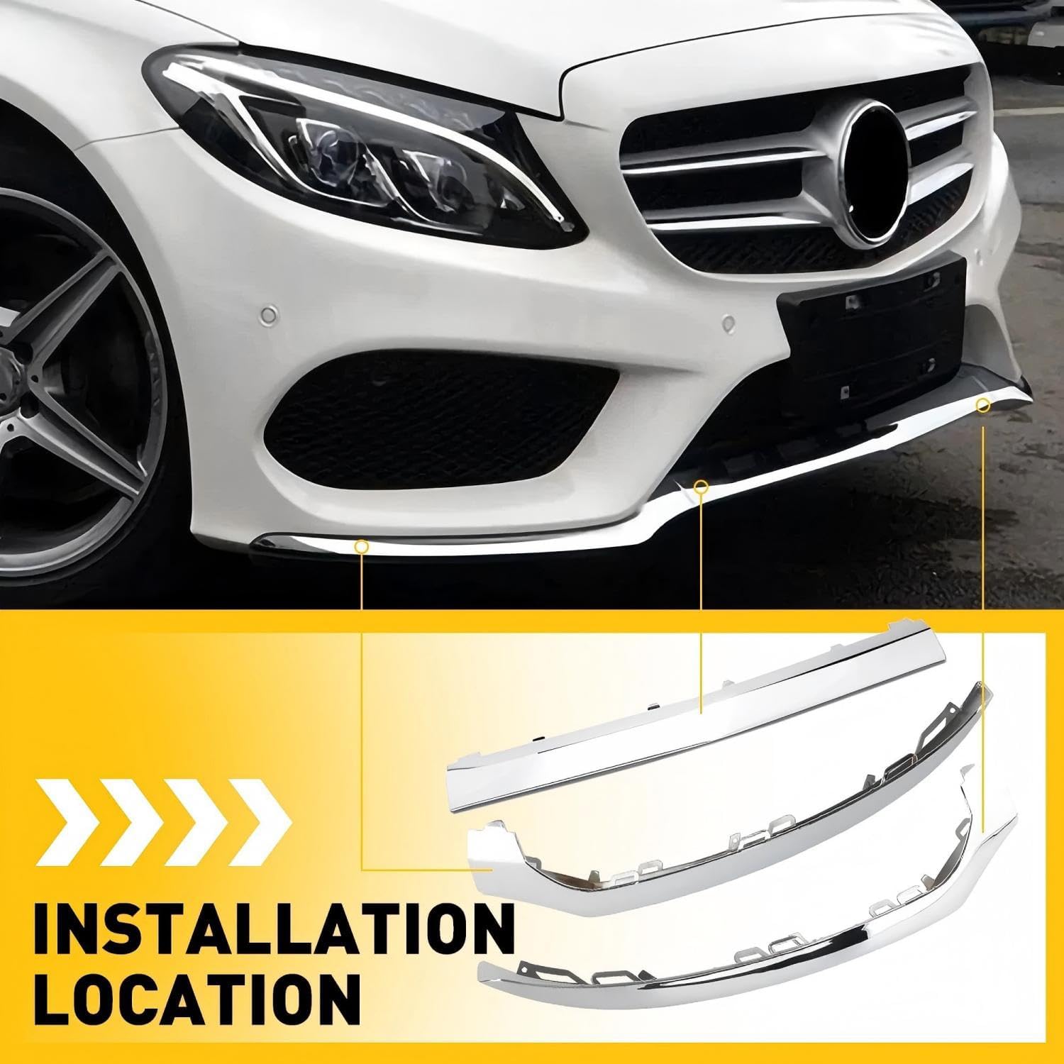 3Pcs Chrome Front Bumper Lip Moulding Trim Cover for Mercedes Benz C180/C200/C250/300 2015-2018 Replacement for 2058851374, 2058851474, 2058851574