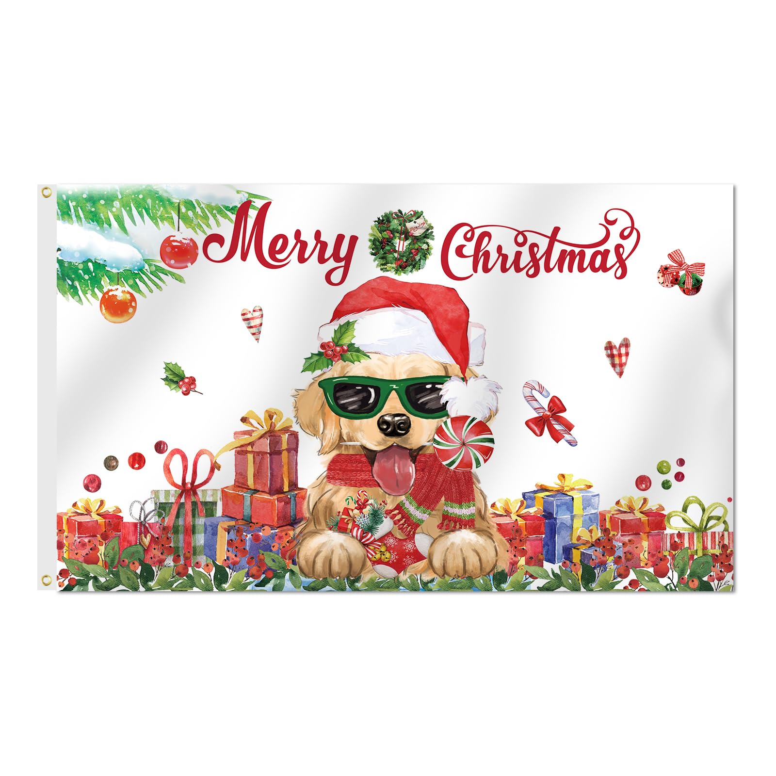 SENSEVEN Merry Christmas Golden Retriever Dog Flag 3x5 Ft Double sided, Winter Christmas Outdoor Banner, Christmas Presents Dog Holiday Flag with
