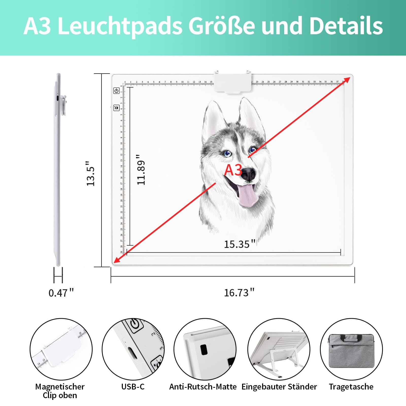 Leuchttisch A3, Tragbares Batteriebetriebene Light Pad, Wiederaufladbare Diamond Painting Leuchttisch mit Ständer, 3 Farben 6 Helligkeitsstufen Leuchtplatte für Abpausen(weiß)