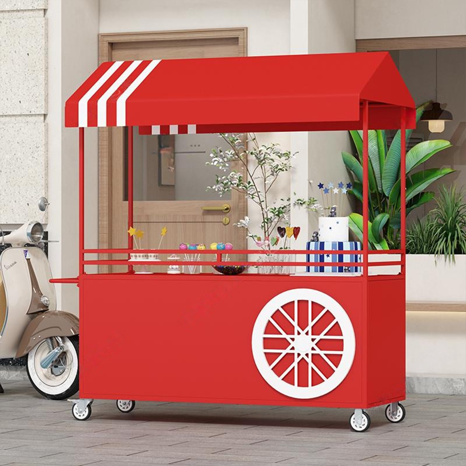 Mobiler Food-Display-Stand mit feststellbaren Rädern, tragbarer klappbarer Verkaufsstand, Handwagen mit großem Stauraum, robuster Eisenwagen für Märkte, Street-Food-Events und Festivals