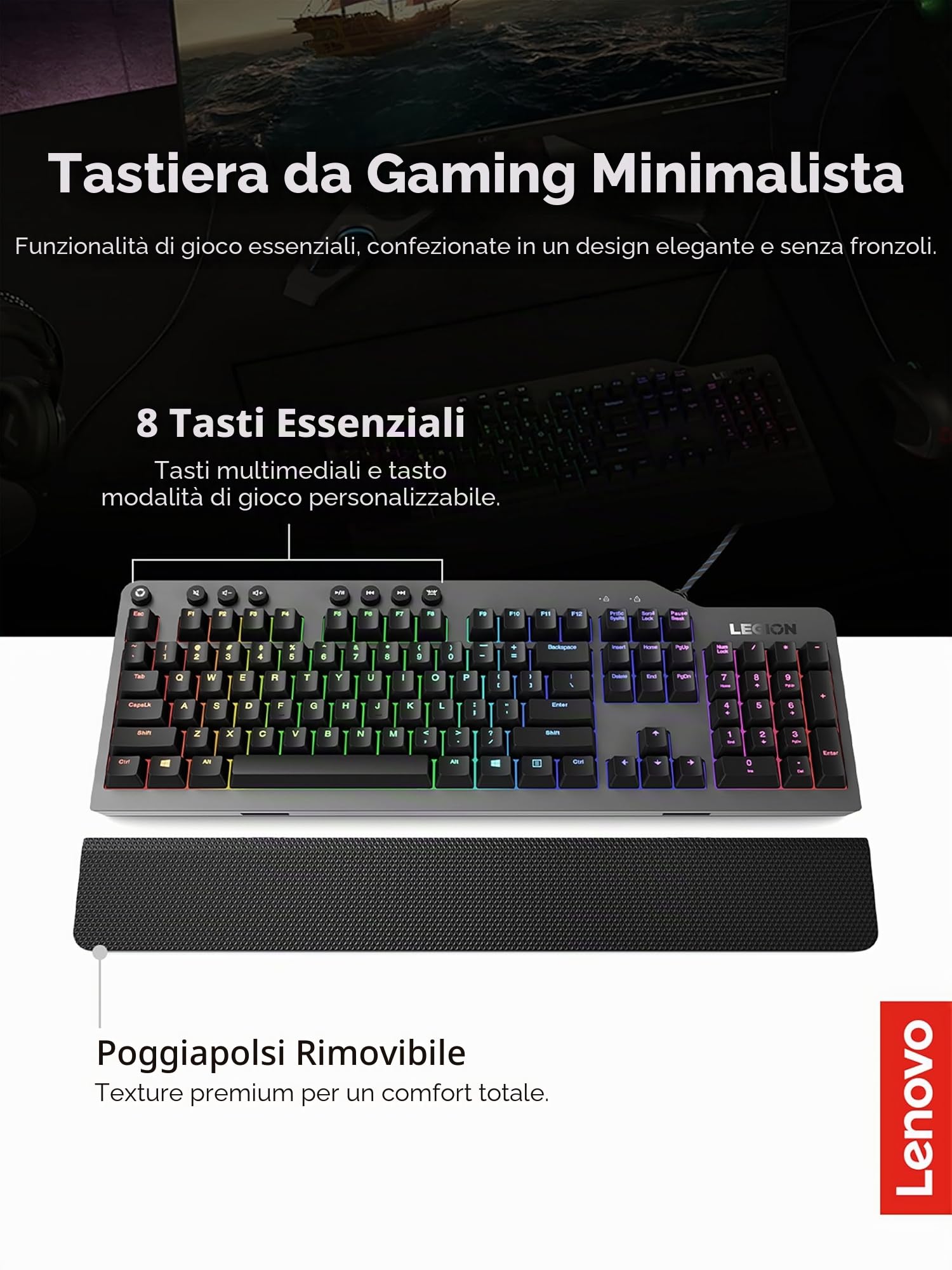 Lenovo GY40T26478 Legion K500 RGB Mechanical Gaming Keyboard, 3 Zone Full-Size Keyboard, 7 User Programmable Hot Keys; 16.8 Million Colors, 50 Million-Click Red Mechanical Keys, Detachable Palm Rest