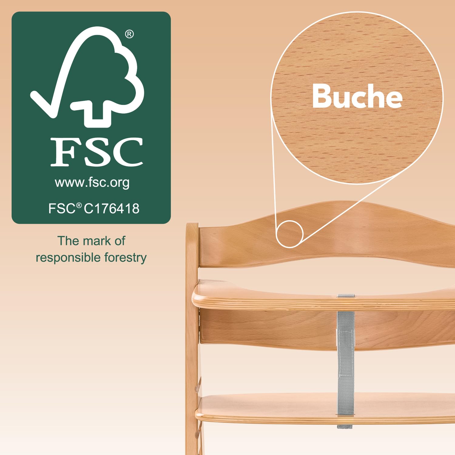 Hauck Alpha+ Holz Hochstuhl Baby mitwachsend 6 Monate bis 90 kg, Natural, 5-Punkt-Gurt, 8-fach verstellbar