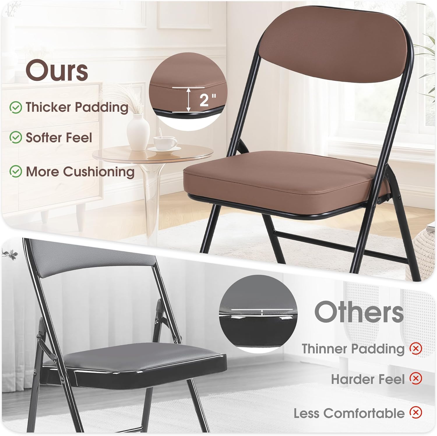 HOMEFUN Padded Folding Chairs Set of 4, Folding Chairs with Cushion and Durable Metal Frame，No Assemble Required for Party Kitchen Office Wedding Brown