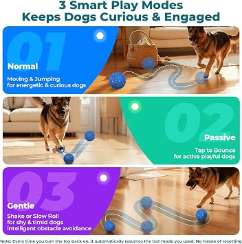 KITPLUS Smart Interactive Dog Ball Toys: Automatic Bouncing Rotating Moving, 3 Modes, Durable Material, Waterproof, Rechargeable Active Rolling Pet Toy for Medium Large Dogs Indoor Outdoor, Blue